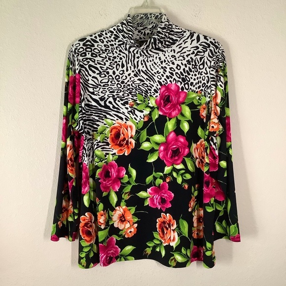 SUSAN GRAVER Liquid Knit Mock Neck Top Long Sleeve Mixed Print Stretchy Black 1X - Picture 9 of 10